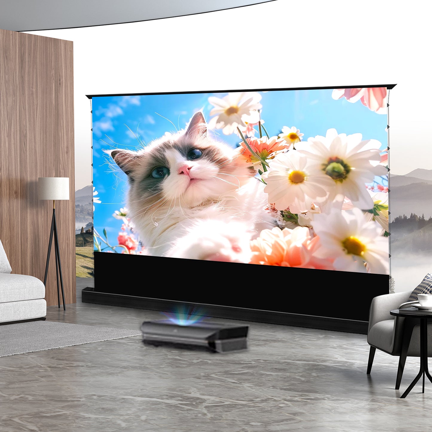 72-130 inch PET Crystal CBSP Motorized Tab Tension Floor Rising ALR Projector Screen for UST Laser TV Projector