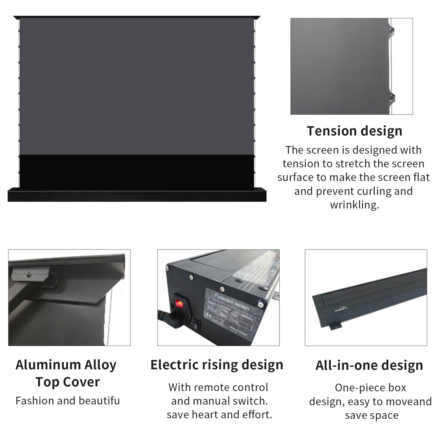 72-130 inch PET Crystal CBSP Motorized Tab Tension Floor Rising ALR Projector Screen for UST Laser TV Projector